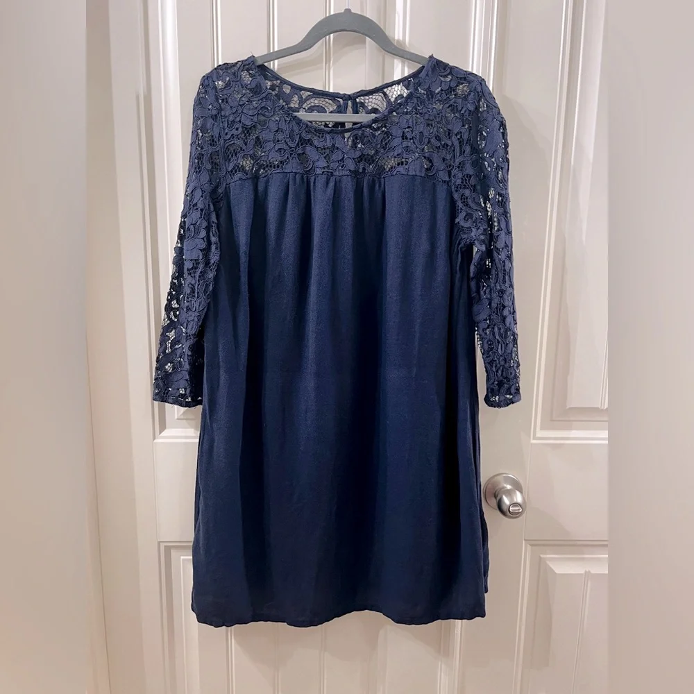 Lace Navy Blue, lined above knee shift dress - Picture 1 of 4